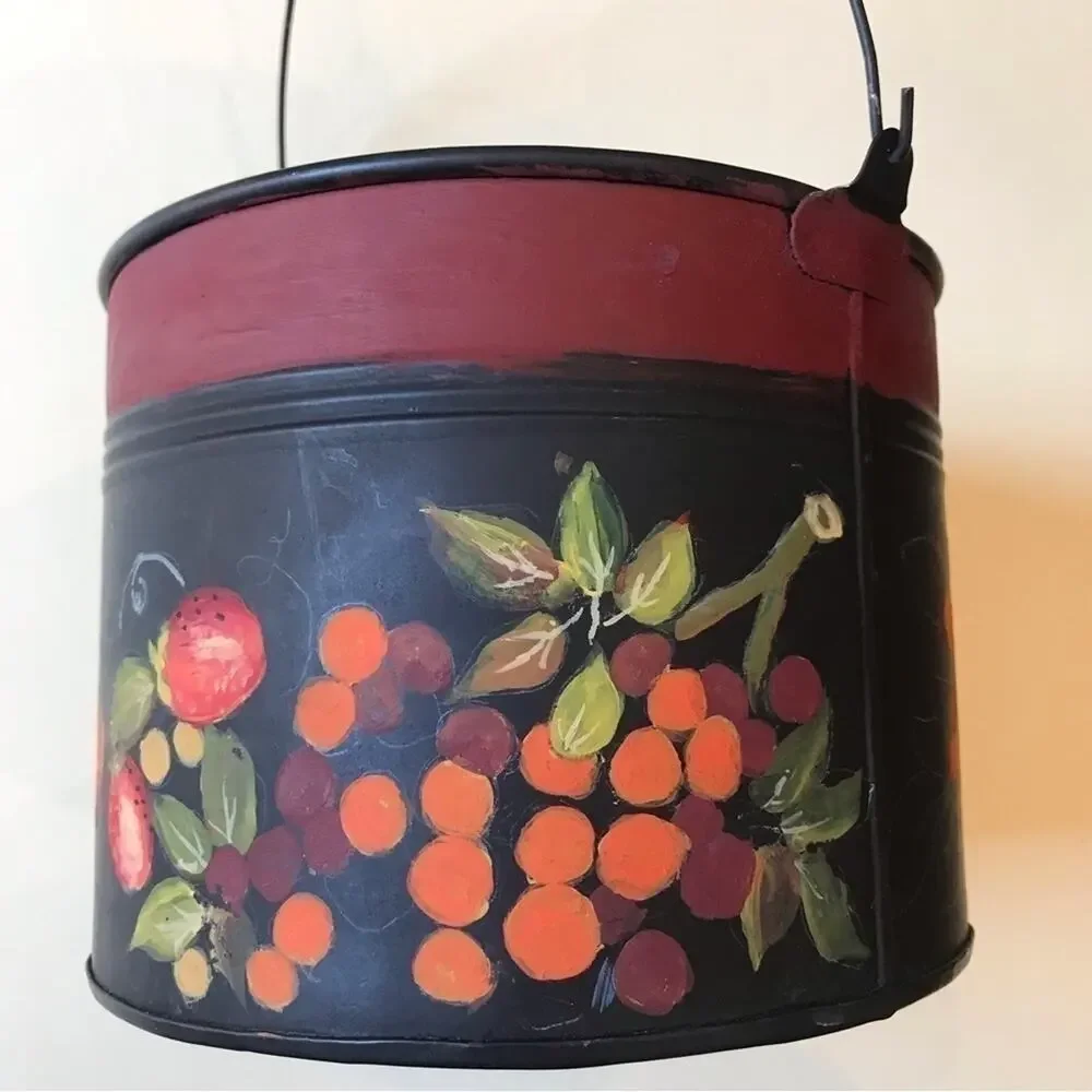 Cottagecore Hand painted Toleware Tin Bucket w/ Lid, Features a Fruit Motif